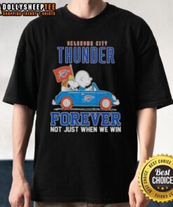 Alt Text: Premium Snoopy X Charlie Brown driving car graphic on Oklahoma City Thunder Forever T-Shirt, perfect for fans.