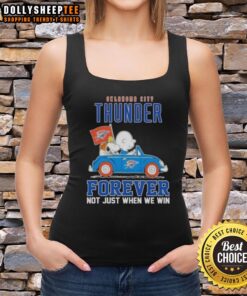 Premium Snoopy X Charlie Brown tank top featuring driving car design, celebrating Oklahoma City Thunder spirit.