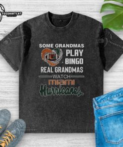 Real grandmas play bingo in Miami Hurricanes washed t-shirt, showcasing premium style and team spirit.