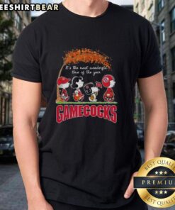 Alt Text: Premium South Carolina Gamecocks X Peanuts Snoopy autumn T-shirt featuring Snoopy and friends, perfect for fall festivities.