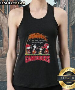 Alt Text: Premium South Carolina Gamecocks tank top featuring Snoopy and friends, perfect for autumn celebrations.