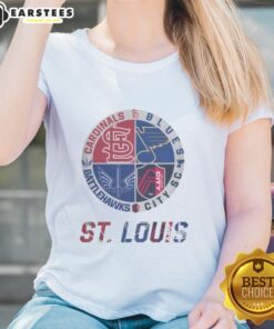 Premium St. Louis Cardinals, Blues, Battlehawks, and City SC ladies tee showcasing team pride and style.