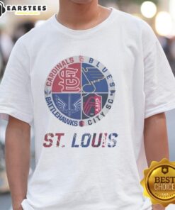 Alt Text: Premium St. Louis Cardinals, Blues, Battlehawks, and City SC T-shirt showcasing vibrant team logos and colors.