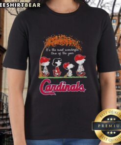 Premium St. Louis Cardinals X Peanuts Snoopy autumn ladies tee, celebrating the most wonderful time of the year.