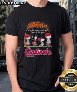 Premium St. Louis Cardinals X Peanuts Snoopy and Friends autumn t-shirt celebrating 'It's The Most Wonderful Time Of The Year.'