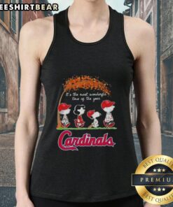 Premium St. Louis Cardinals tank top featuring Peanuts Snoopy and friends, celebrating autumn and the festive season.