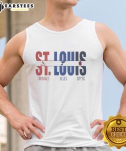 Premium St. Louis City tank top featuring St. Louis Cardinals and Blues cut text design, perfect for sports fans.