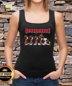Premium Tampa Bay Buccaneers X Peanuts Snoopy and Friends Abbey Road tank top featuring iconic cartoon characters.