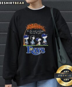 Alt Text: Premium Tampa Bay Rays X Peanuts Snoopy and Friends sweatshirt for autumn, celebrating the most wonderful time of the year.