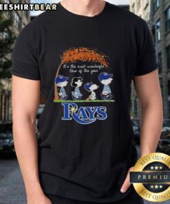 Alt Text: Premium Tampa Bay Rays X Peanuts Snoopy And Friends autumn t-shirt featuring festive graphics celebrating the season.