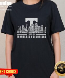 Alt Text: Premium Tennessee Volunteers 2025-26 Ladies Tee featuring city skyline design, perfect for fans and stylish wear.