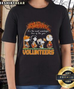 Alt Text: Premium Tennessee Volunteers X Peanuts Snoopy and Friends autumn ladies tee, perfect for fall football season.