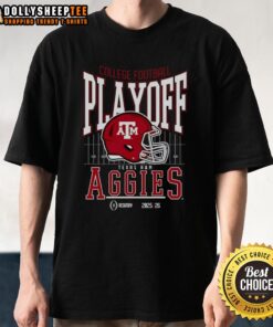 Premium Texas A&M Aggies 2025-2026 College Football Playoff Bound Helmet T-Shirt featuring team colors and logo.