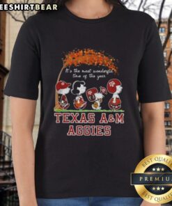 Premium Texas A&M Aggies X Peanuts Snoopy autumn ladies tee celebrating 'It's The Most Wonderful Time Of The Year'.