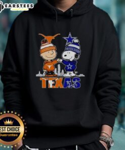 Premium Texas City skyline hoodie featuring Charlie Brown, Texas Longhorns, and Dallas Cowboys designs.