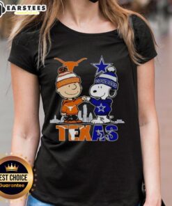 Alt Text: Premium Texas City skyline featuring Charlie Brown, Texas Longhorns, and Snoopy with Dallas Cowboys ladies tee design.
