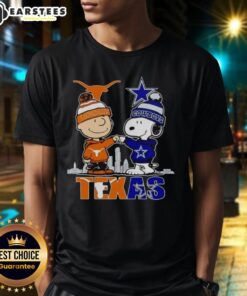 Premium Texas City Skyline T-Shirt featuring Charlie Brown, Texas Longhorns, and Snoopy with Dallas Cowboys logo.