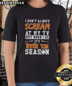 Premium Texas Longhorns 'Hook 'Em' season ladies tee featuring fun TV-themed slogan for fans.