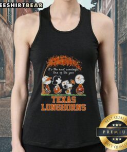 Alt Text: Premium Texas Longhorns X Peanuts Snoopy and Friends autumn tank top featuring a festive holiday design.