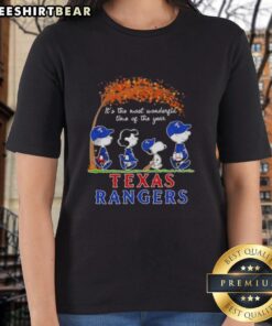 Premium Texas Rangers X Peanuts Snoopy and Friends autumn ladies tee for a joyful holiday season celebration.