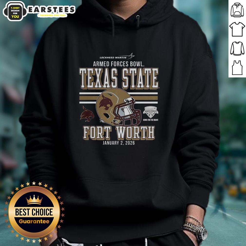 premium-texas-state-bobcats-2025-armed-forces-bowl-bound-hoodie Alt Text: Premium Texas State Bobcats 2025 Armed Forces Bowl Bound hoodie featuring team colors and logo for fans.