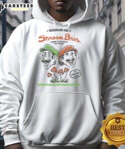 Alt Text: Premium Mushroom Jam hoodie featuring Mario and Luigi, established 1985, by Shroom Bros in Wahoo Tentic flavor.