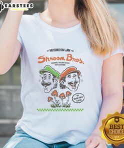 Alt Text: Premium Mushroom Jam T-shirt featuring Mario and Luigi from Shroom Bros, established 1985, perfect for gaming fans.