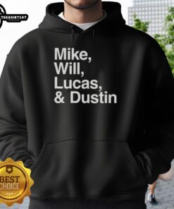 Alt Text: Premium hoodie featuring Mike, Will, Lucas, and Dustin from Stranger Things, perfect for fans of the series.