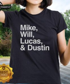 Premium 'Stranger Things' tee featuring Mike, Will, Lucas, and Dustin for ladies, perfect for fans of the series.