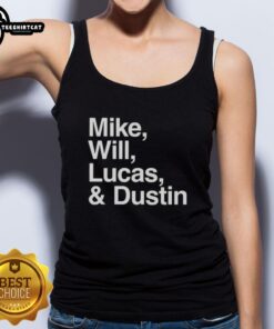 Alt Text: Premium Stranger Things tank top featuring Mike, Will, Lucas, and Dustin for fans of the hit series.