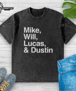Premium washed t-shirt featuring Mike, Will, Lucas, and Dustin from Stranger Things for party wear.