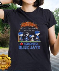 Premium Toronto Blue Jays X Peanuts Snoopy tee for ladies, celebrating autumn and the joy of the season.