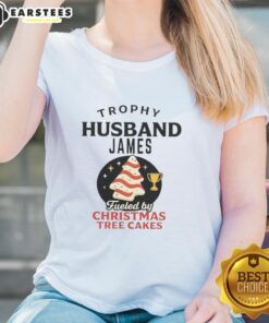 Premium Trophy Husband James tee featuring festive Christmas Tree Cakes design, perfect for holiday celebrations.