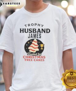 Alt Text: Premium Trophy Husband James wearing a Christmas Tree Cakes T-Shirt, showcasing holiday spirit and festive style.