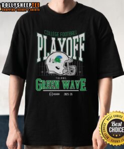 Premium Tulane Green Wave 2025-2026 College Football Playoff Bound Helmet T-Shirt featuring team colors and logo.