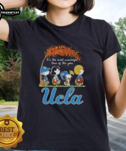 Premium UCLA Bruins x Peanuts Snoopy and Friends autumn ladies tee celebrating 'It's the Most Wonderful Time of the Year'.