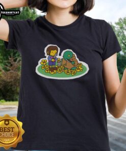 Alt Text: Premium Undertale Human and Tonberry Ladies Tee featuring colorful graphics of iconic characters for fans.