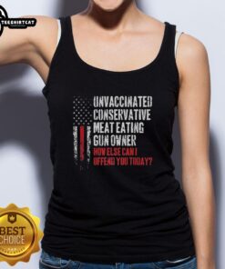Premium unvaccinated conservative meat-eating gun owner in flag tank top showcasing bold statement.
