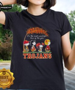 Premium USC Trojans X Peanuts Snoopy and Friends autumn ladies tee, perfect for celebrating the most wonderful time of the year.