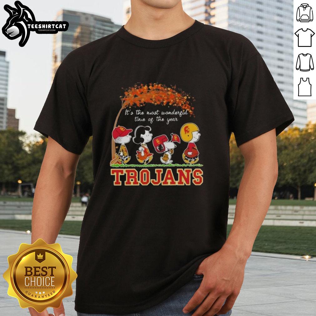 premium-usc-trojans-x-peanuts-snoopy-and-friends-autumn-its-the-most-wonderful-time-of-the-year-t-shirt Alt Text: Premium USC Trojans X Peanuts Snoopy and Friends Autumn T-shirt celebrating the most wonderful time of the year.