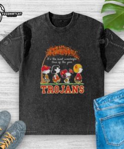 Premium USC Trojans x Peanuts Snoopy and Friends autumn t-shirt showcasing festive designs for the most wonderful time of the year.