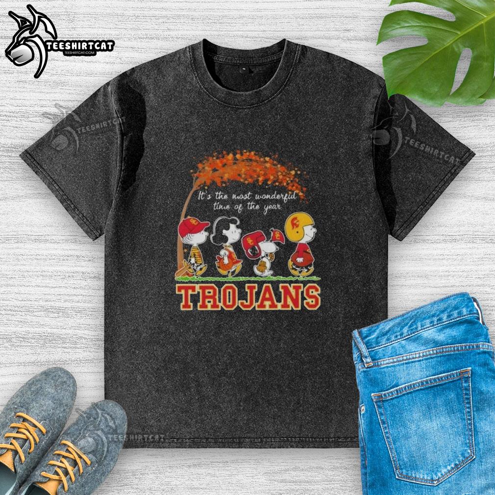 premium-usc-trojans-x-peanuts-snoopy-and-friends-autumn-its-the-most-wonderful-time-of-the-year-washed-t-shirt Premium USC Trojans x Peanuts Snoopy and Friends autumn t-shirt showcasing festive designs for the most wonderful time of the year.