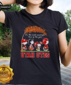 Premium Utah Utes X Peanuts Snoopy and Friends autumn ladies tee for the most wonderful time of the year.