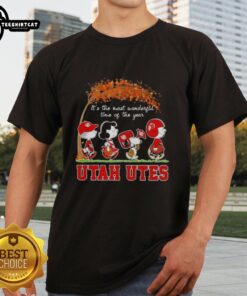 Premium Utah Utes X Peanuts Snoopy and Friends autumn T-shirt celebrating 'It's The Most Wonderful Time Of The Year' design.