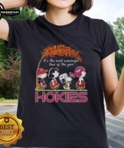 Premium Virginia Tech Hokies X Peanuts Snoopy autumn tee for ladies, perfect for celebrating the season.