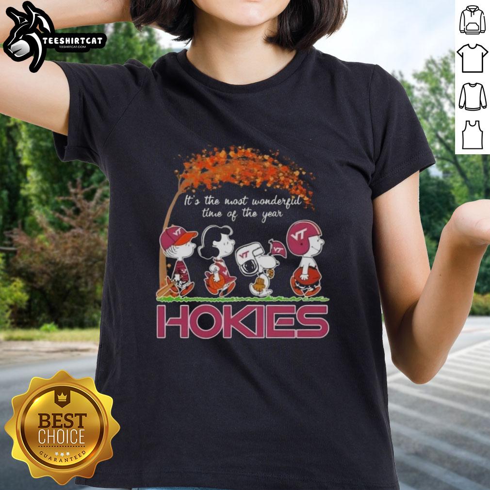 premium-virginia-tech-hokies-x-peanuts-snoopy-and-friends-autumn-its-the-most-wonderful-time-ladies-tee Premium Virginia Tech Hokies X Peanuts Snoopy autumn tee for ladies, perfect for celebrating the season.