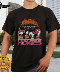 Alt Text: Premium Virginia Tech Hokies X Peanuts Snoopy and Friends autumn t-shirt celebrating the season's joy and school spirit.