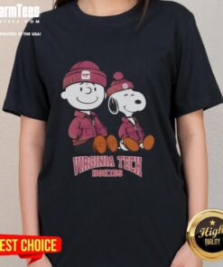 Alt Text: Premium Virginia Tech Hokies X Snoopy and Charlie Brown ladies tee featuring vibrant graphics and soft fabric.