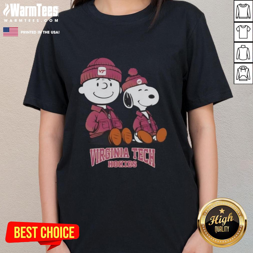 premium-virginia-tech-hokies-x-snoopy-and-charlie-brown-ladies-tee Alt Text: Premium Virginia Tech Hokies X Snoopy and Charlie Brown ladies tee featuring vibrant graphics and soft fabric.