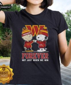 Alt Text: Premium Washington Commanders X Charlie Brown vs Snoopy Forever tee for ladies, celebrating team spirit and fun.